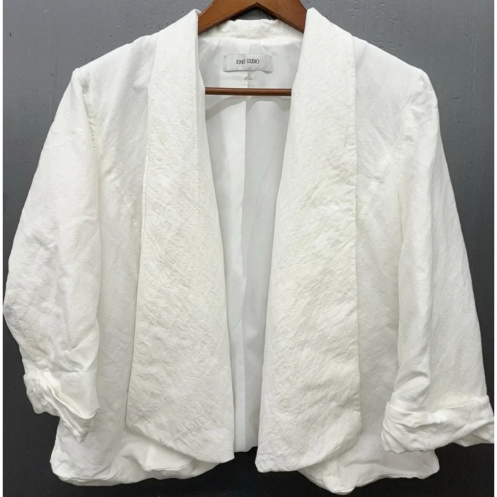 Jones Studio Jacket 16 White Linen Blend Cropped 3/4 Sleeve Open Coastal Preppy